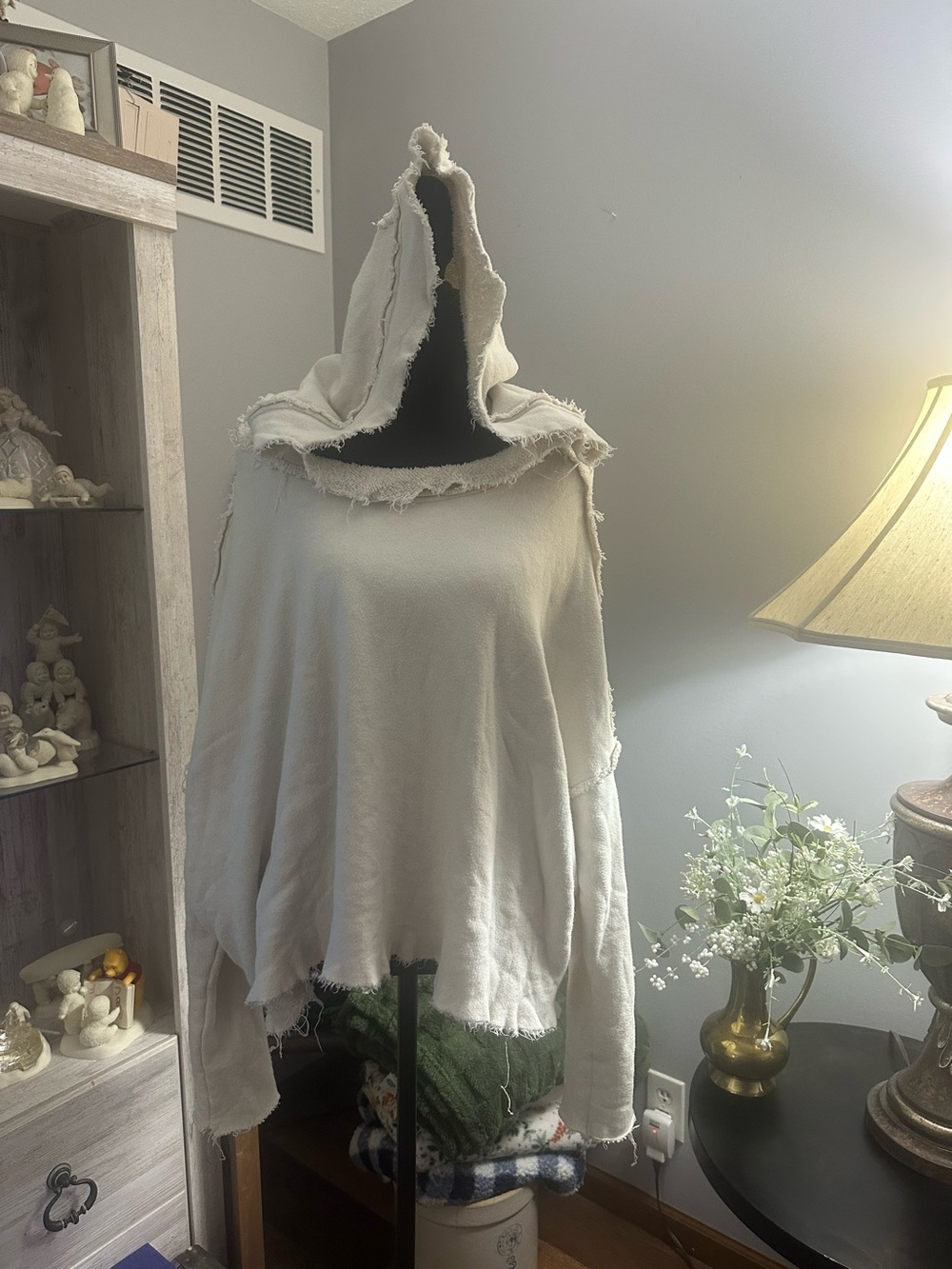 Free People Cream Frayed-Hem Hooded Pullover
